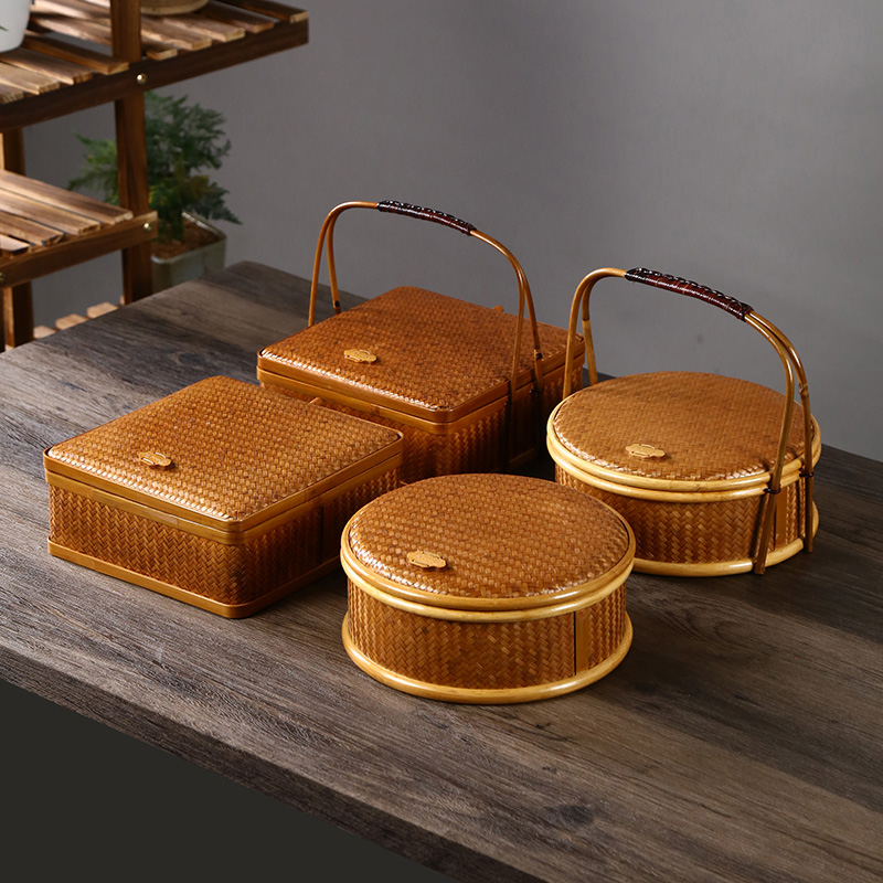 竹制品纯手工竹编复古食盒多层茶具收纳盒手提篮月饼篮礼品包装 盒