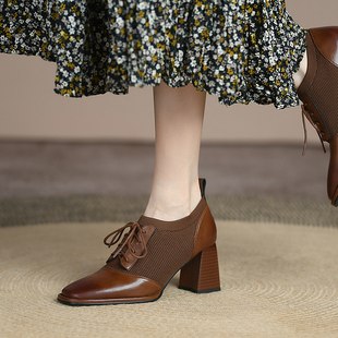 复古小皮鞋 女2023新款 法式 真皮深口系带单鞋 针织小方头粗跟高跟鞋