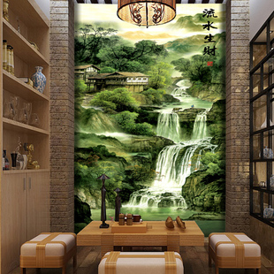 中式 风景山水壁画无缝墙布客厅玄关背景墙纸走廊过道壁纸流水生财