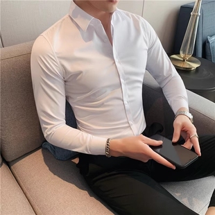 2024高级感白色长袖 衬衫 修身 商务短袖 韩版 衬衣尖领 男弹力内搭寸衫