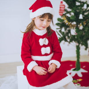 欧美秋冬童裙新款 圣诞节公主礼服长袖 红色圣诞节服装 连衣裙子代发