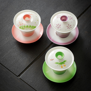 陶瓷手绘三才盖碗家用功夫茶泡茶碗单个女士精致粉色茶具敬茶碗