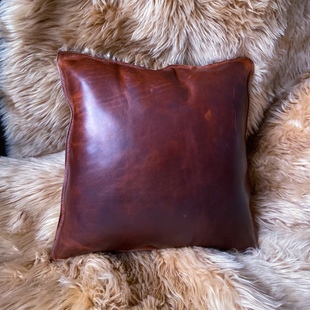 手工鞣植皮沙发抱枕靠垫客厅纯色靠背复古轻奢真皮办公室正方形