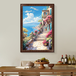 美式 入户玄关装 饰画走廊过道大海风景壁画客厅餐厅欧式 油画挂画