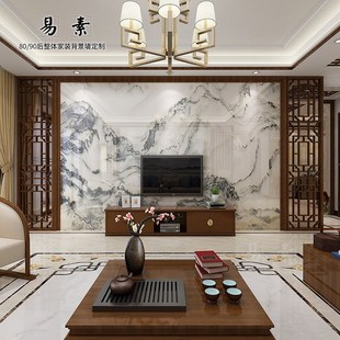 新中式 山水画雕刻瓷砖背景墙 新款 饰 实木 客厅电视墙微晶石边框装