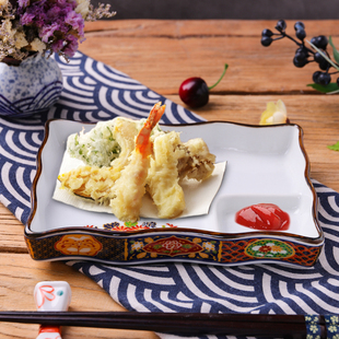 日式 陶瓷餐具手工贴花方形菜盘分格炸薯条盘饺子盘复古日料炸物盘