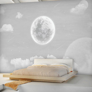 月球星空延伸空间影视墙壁纸简约客厅卧室墙纸电视背景墙水泥壁画