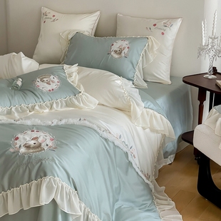 法式 小清新120支长绒棉床上四件套纯棉全棉公主风蕾丝边被套床单