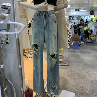 夏季 通勤新款 2024年韩国东大门韩版 破洞直筒牛仔裤 女 高腰潮流个性