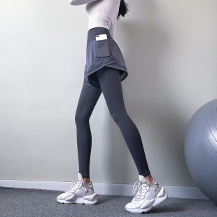 紧身外穿跑步训练健身长裤 女显瘦瑜伽裤 高弹力假两件运动裤 春夏款
