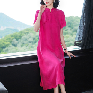 旗袍改良 杭州真丝中式 高端气质大码 重磅铜氨丝连衣裙2024新款 短袖