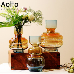 北欧创意电光蓝渐变色玻璃花瓶桌面装 饰玫瑰绿萝植物水培花瓶摆件
