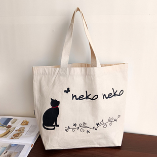 日式 棉布托特包卡通可爱猫咪帆布包托特女包单肩手提购物收纳包包