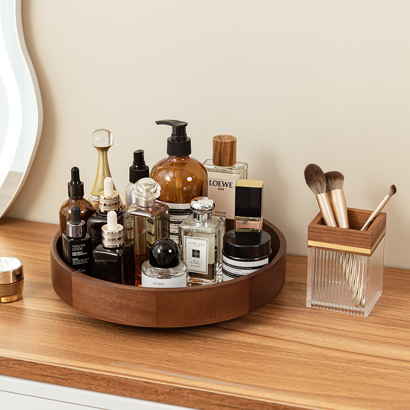 化妆品收纳盒桌面高级旋转收纳盘护肤品香水梳妆台置物架实木托盘