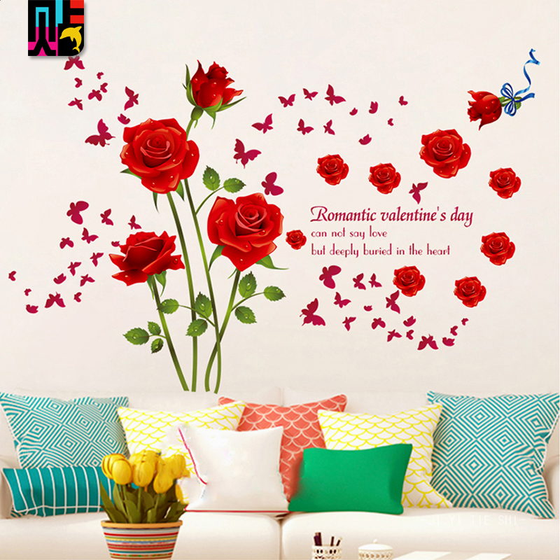 客厅沙发背景墙沙发贴花红色虞美人玫瑰花卉温馨浪漫床头墙贴画