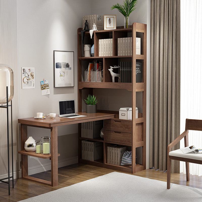全实木书桌书架组合带书柜一体简约现代卧室书房转角写字台电脑桌