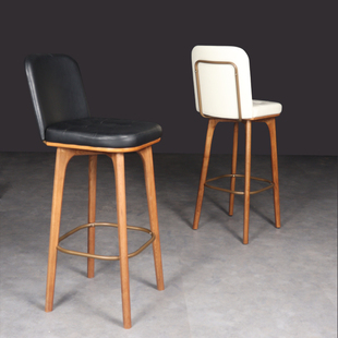 现代轻奢吧凳实木简约高脚凳北欧美式 工业设计家用复古靠背吧台椅