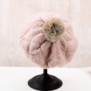 秋冬日系保暖加厚针织毛线帽贝雷帽女韩国甜美可爱兔毛球画家帽子