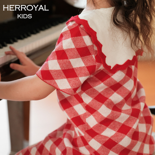 HERROYAL23春夏复古学院系列设计感风格 格纹公主裙女童针织连衣裙
