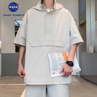 WASSUP 夏季 NASA 透气连帽短袖 男港风宽松休闲t恤潮牌简约纯 薄款