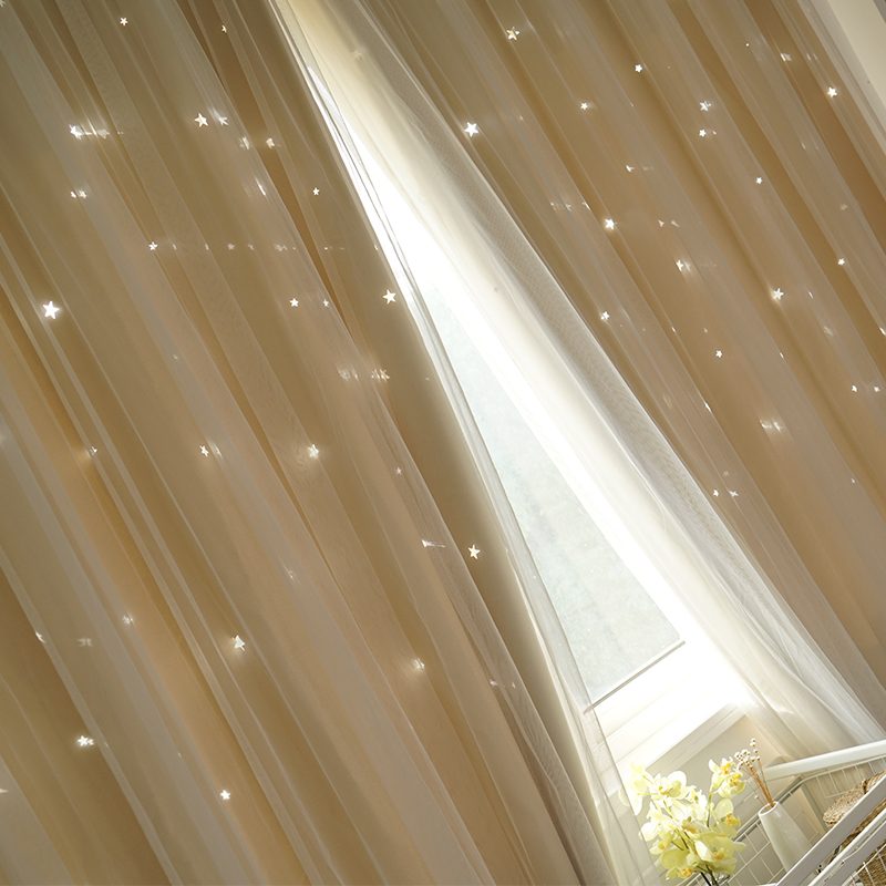 梦幻镂空星星窗帘成品简约现代卧室公主风韩式 儿童房落地窗双层