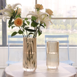 北欧玻璃花瓶透明 竖纹 创意客厅插花玫瑰百合鲜花家用装 饰摆件