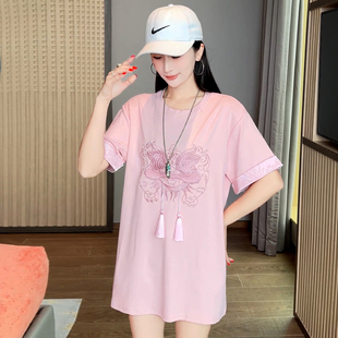 新中式 国风刺绣短袖 宽松大码 中长款 新款 上衣 粉色t恤女2024春夏季