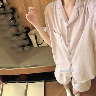夏季 日系ins简约条纹短袖 睡衣女韩国网红宽松甜美学生家居服套装