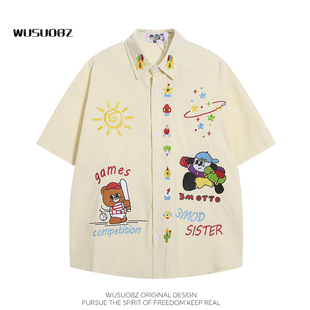 学院风学生宽松衬衣 女夏季 日系卡通刺绣灯芯绒短袖 WUSUOBZ 衬衫