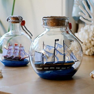 黑珍珠号水晶球瓶中船帆船摆件木制装 饰品生日礼物一帆风顺