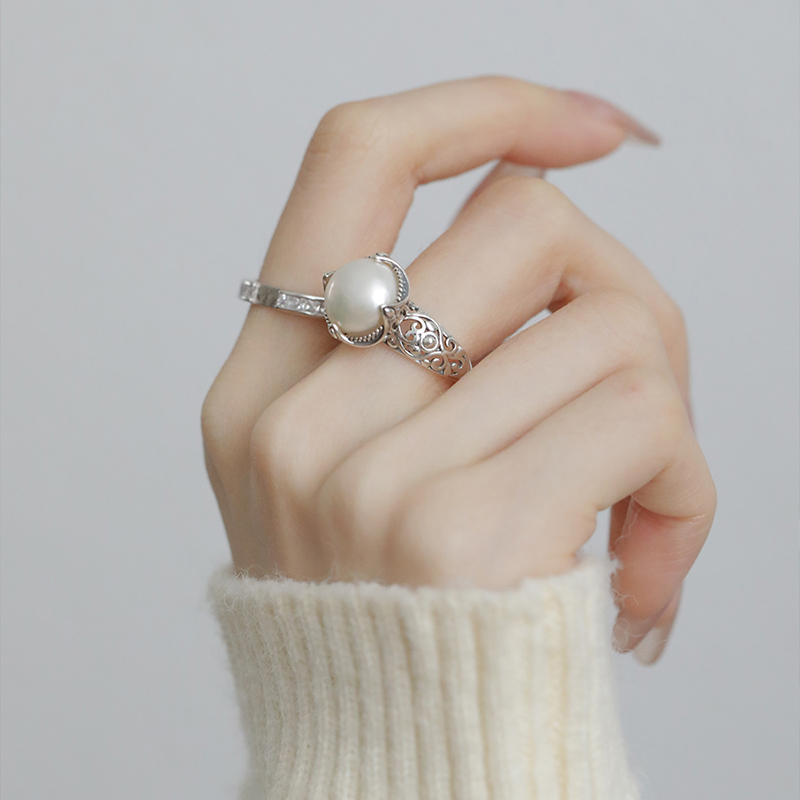 s925纯银珍珠镂空戒指女2023年新款 小众设计感时尚 个性 开口食指戒