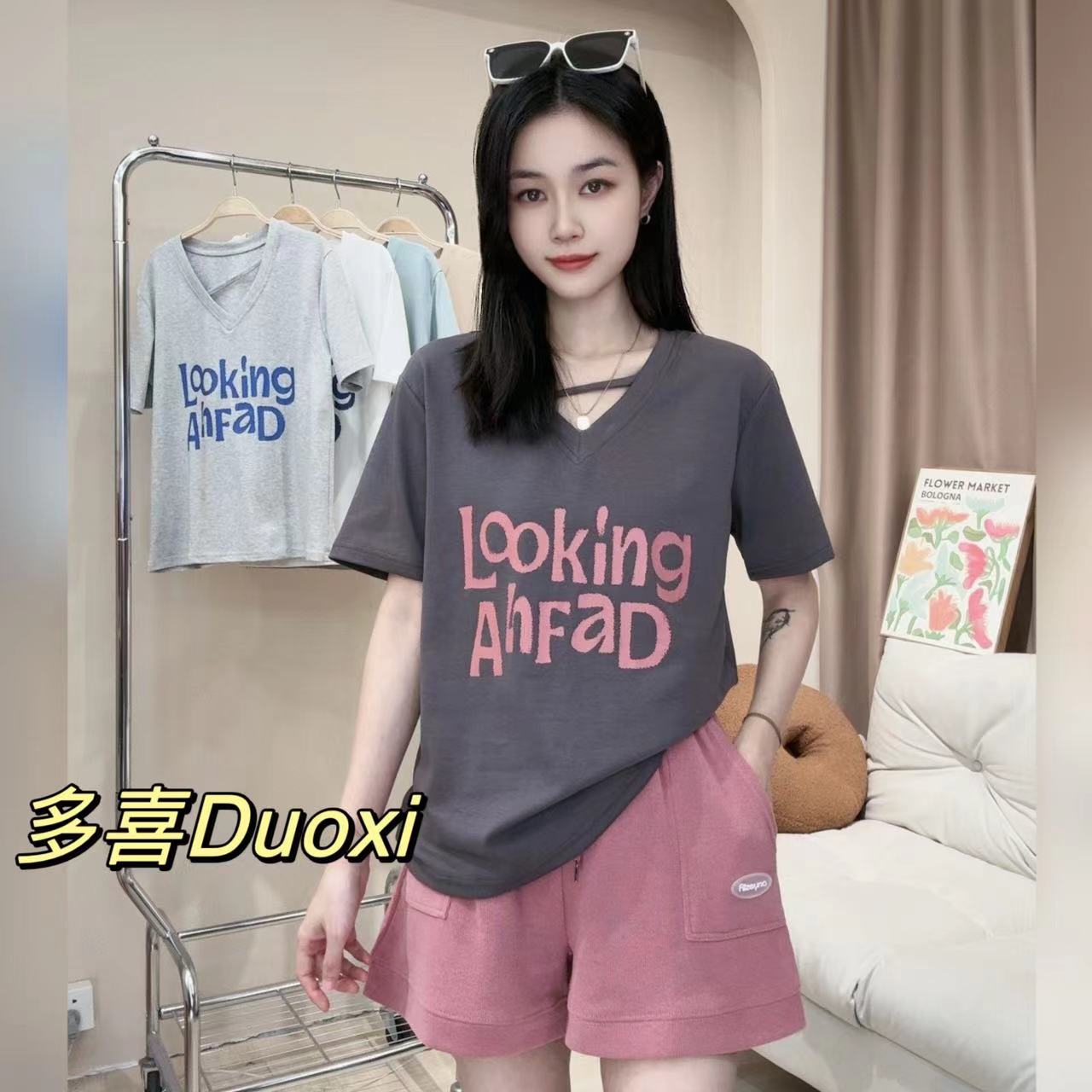 Looking印花短袖 T恤女夏季 Duoxi 休闲时尚 百搭显瘦上衣 新款