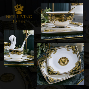 碗套装 高档骨瓷餐具轻奢家用盘碟组合60件欧式 宫廷瓷器西式 碗盘碟