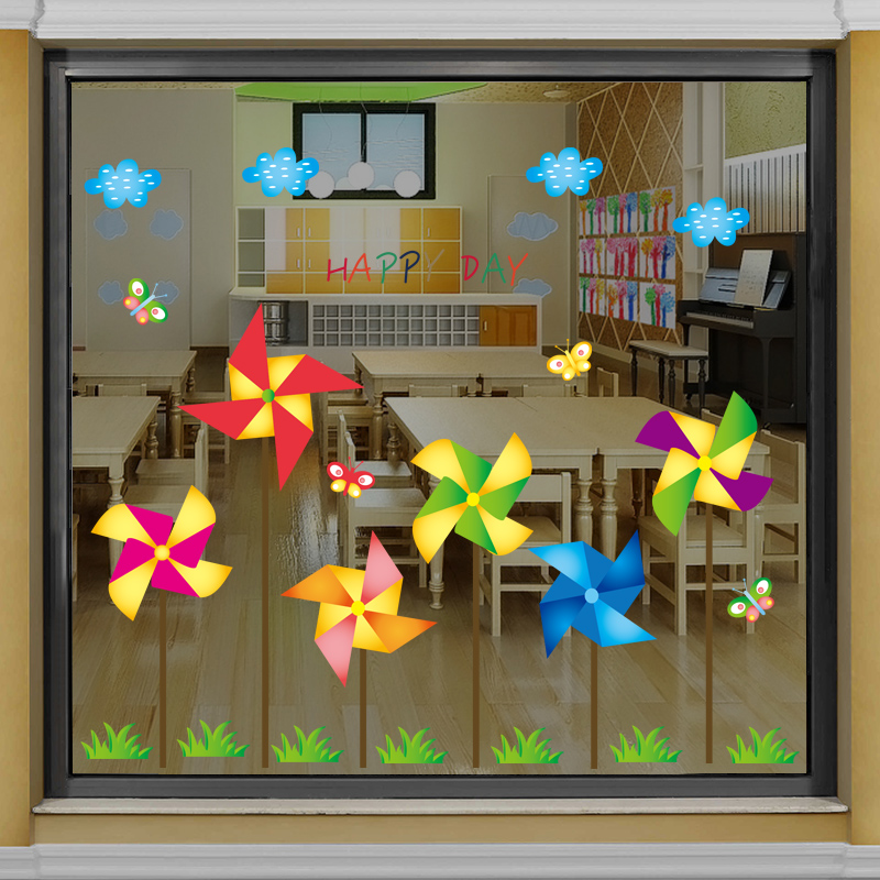 创意卡通玻璃窗防水贴纸大窗户贴画幼儿园双面装 饰小图案动物门贴