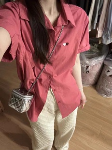 刺绣爱心POLO领短袖 衬衣女韩系甜美减龄单排扣树莓粉衬衫 时尚 上衣