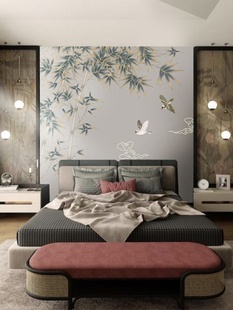 新中式 花鸟竹子定制壁画客厅电视背景墙壁纸书房茶室全屋无缝壁布