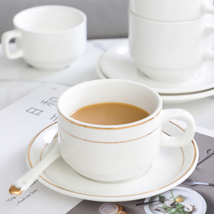 欧式 咖啡杯碟创意简约酒店餐厅纯白描金奶茶杯陶瓷咖啡杯子可定制