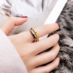 镀真金食指环戒子钛钢不褪色时尚 饰品 欧美风三环三色彩金戒指女款