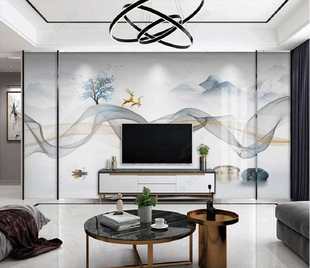 电视背景墙壁纸抽象山水墙纸客厅沙发装 饰壁画轻奢影视墙布 新中式