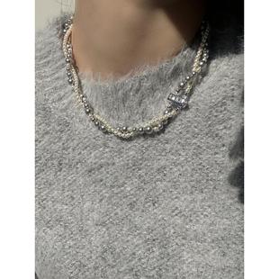 S925纯银宝箱扣银灰香槟色双层珍珠项链轻奢时尚 设计感毛衣链 新款