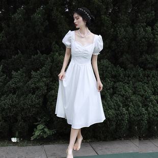 槿爷东方2024年夏季 新款 法式 方领连衣裙显瘦气质名媛风白色裙子女
