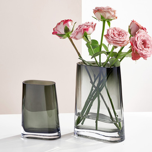 轻奢透明玻璃花瓶创意扁缸高级感水培鲜花玫瑰郁金香客厅插花摆件