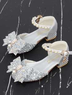 新款 公主水晶鞋 小女孩高跟鞋 银色灰姑娘演出水钻蝴蝶结软底儿童鞋