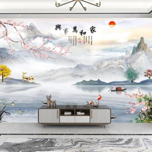 新中式 大气山水壁画电视背景墙纸轻奢客厅沙发影视墙壁纸墙布2022