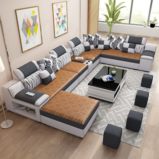 现代简约冬夏两用客厅布艺沙发组合大小户型正反双面坐垫整装 家具