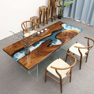 环氧树脂河流桌子胡桃木实木大板桌白杨木简约茶桌茶几原木板餐桌
