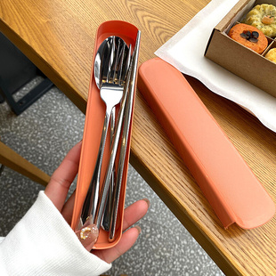 不锈钢筷子勺子叉子套装 餐具盒三件套学生宿舍外出旅行纯色金属勺