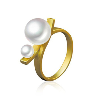 8.5mm 18K黄金天然海水阿古屋珍珠戒指跷跷板 赫拉臻藏 大小珠