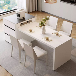 奶油风多功能岩板岛台餐桌椅一体可伸缩开放式 厨房现代简约中岛台
