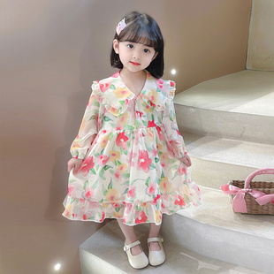 韩国女童公主裙超仙春秋款 2024新款 长袖 雪纺长裙娃娃领碎花连衣裙